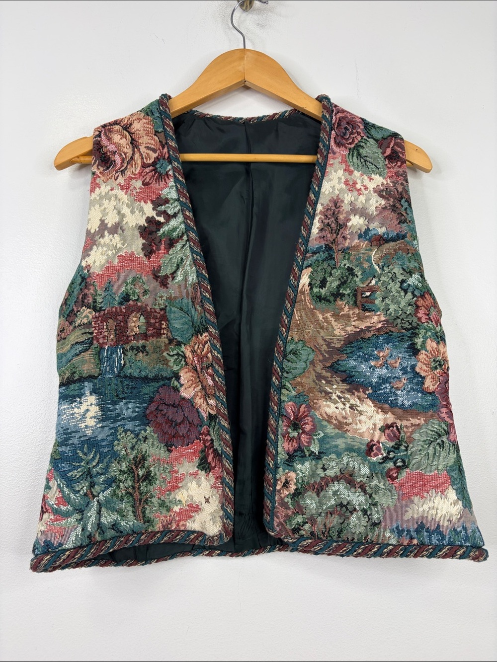 Handmade Tapestry Vest Womens Large Blue Green Pink Pastoral Romantic 80s